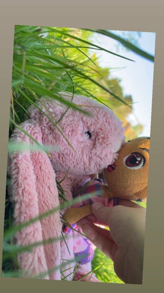 A pink stuffed bunny and a plush doll are touching noses in a grassy area, with a hand holding the doll.