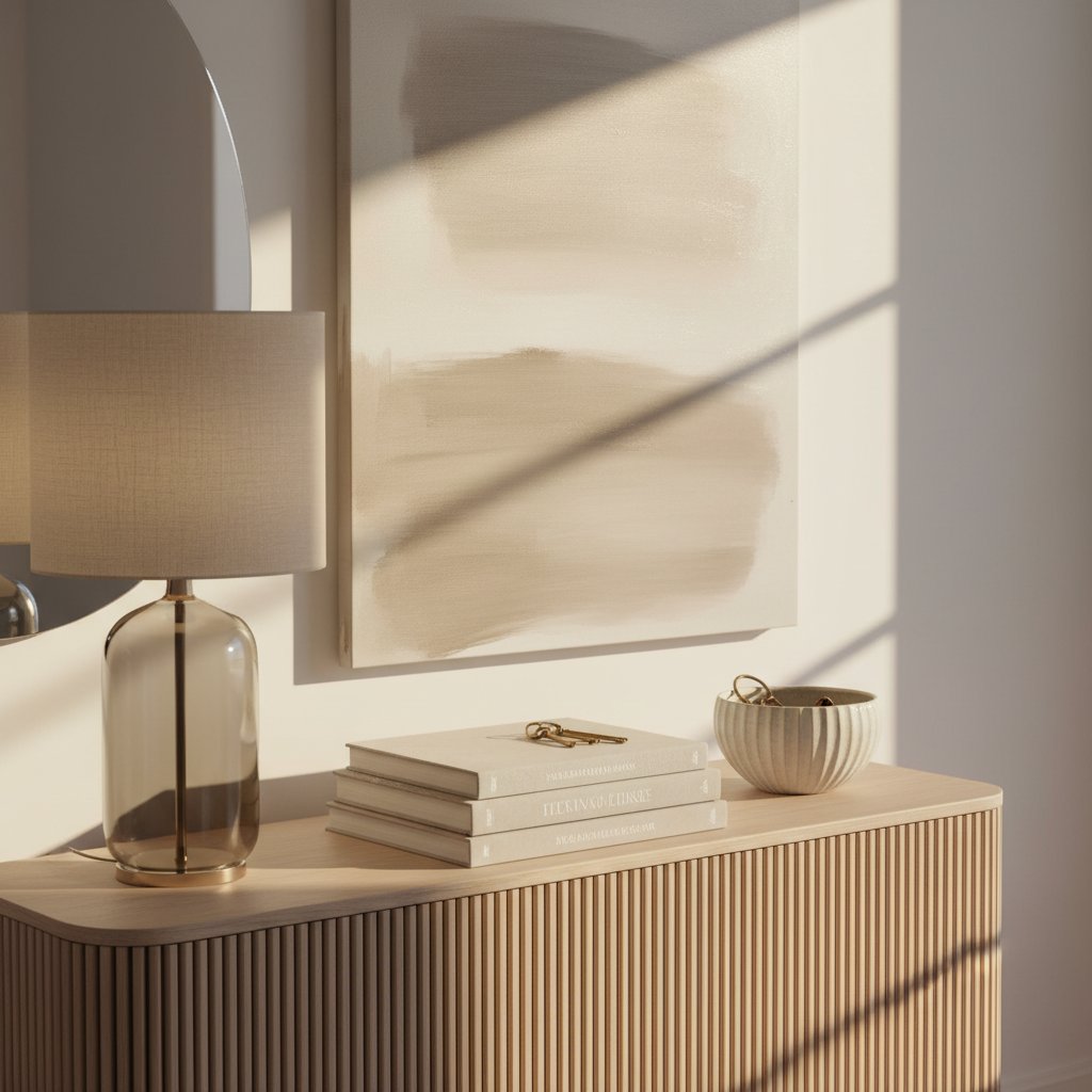 A chic entryway console styled with a narrow, fluted wood table in light ash, topped with a stacked arrangement of oversized art books, a ribbed stoneware bowl holding a set of vintage brass keys, and a tall smoked-glass lamp with a linen shade. A large, minimal abstract artwork in muted taupe and cream hangs above, partially reflected in a nearby mirror. Late afternoon light pours in from the right, creating soft highlights on the wood grain and gentle shadows under each object. Captured from a slightly elevated, three-quarter angle with crisp focus, the photographic image exudes quiet luxury, order, and intentionality in everyday life and style.