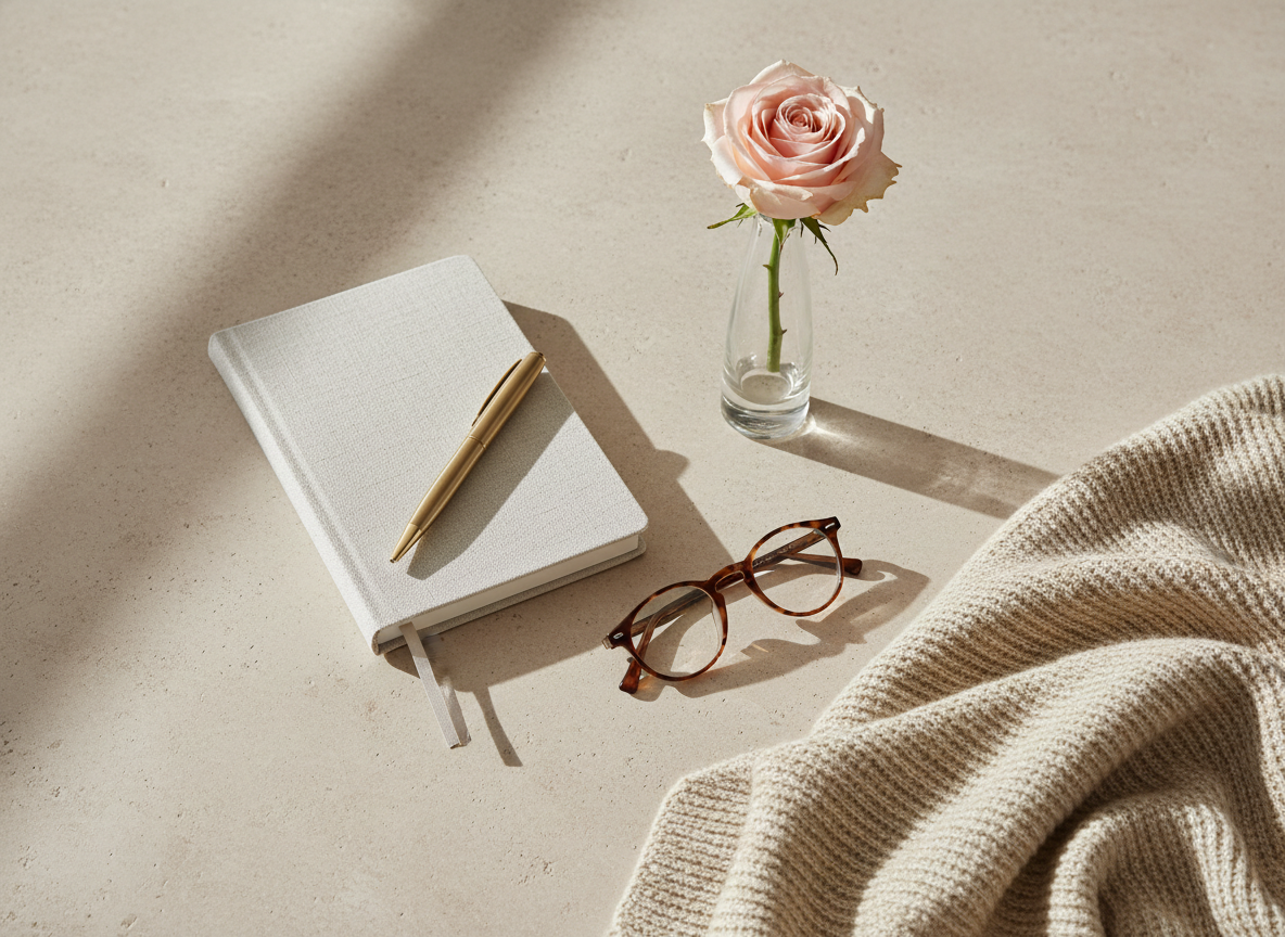 A meticulously styled flatlay of a curated lifestyle vignette on a pale stone tabletop: a linen-bound notebook with a brass pen resting diagonally, a single pale blush rose in a slim glass bud vase, tortoiseshell reading glasses, and a folded oatmeal-colored cashmere throw at the edge of the frame. Soft morning daylight filters in from the left, creating gentle shadows and a serene glow on the textured surfaces. The composition follows the rule of thirds with a shallow depth of field, subtly blurring the edges. The mood is sophisticated, calm, and contemplative, captured in photographic realism with a clean, modern aesthetic suitable for a refined life and style blog header.