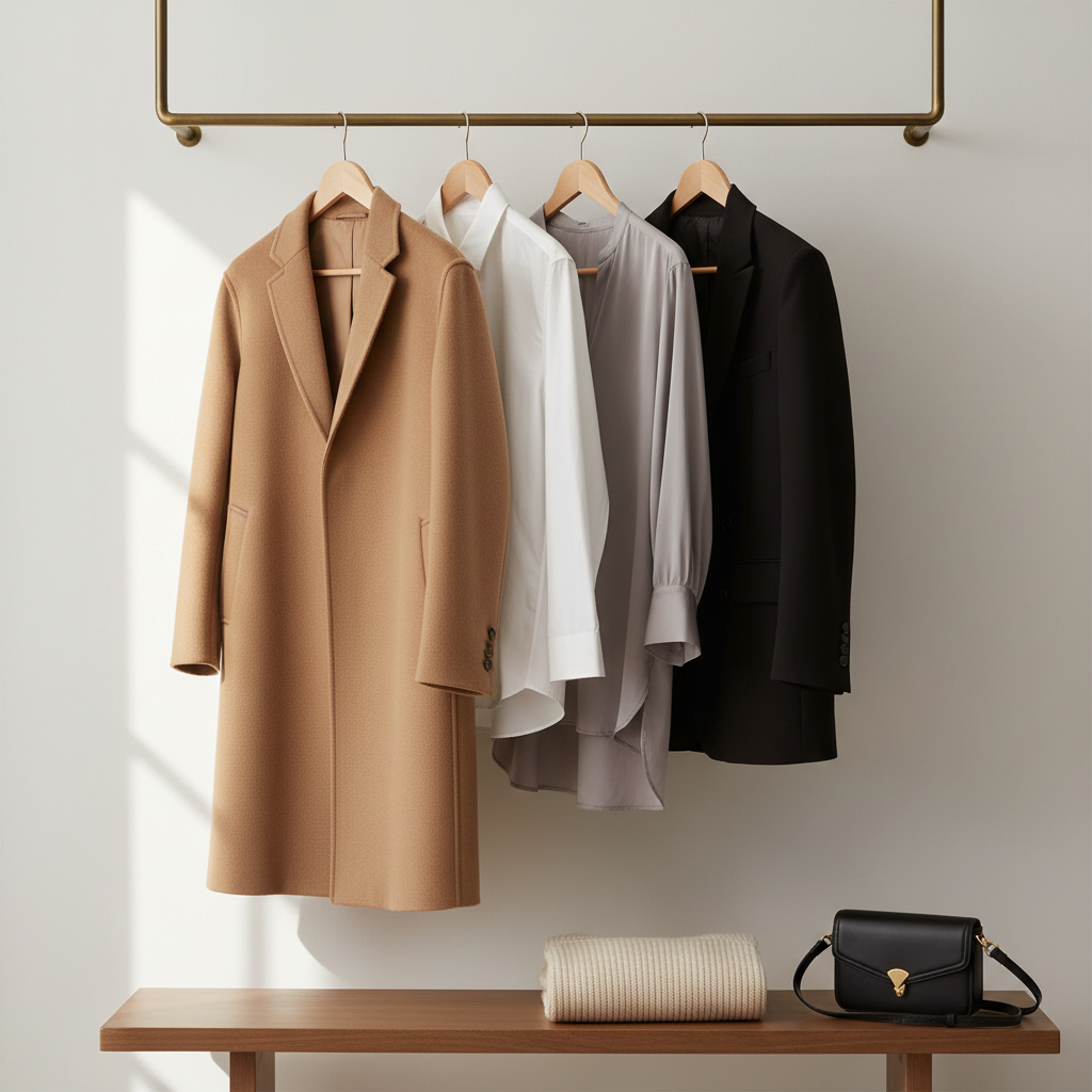 A refined wardrobe rail scene featuring a short row of beautifully coordinated garments: a tailored camel wool coat, a crisp white button-down, a dove-grey silk blouse, and a black structured blazer, all hanging on matching slim oak hangers. Below, a narrow bench holds a neatly folded oatmeal knit sweater and a small black leather crossbody bag with subtle gold hardware. The backdrop is a smooth off-white wall with soft, diffused daylight streaming from an unseen window, creating gentle shadows and delicate highlights along the fabrics’ textures. Photographed at eye level with a shallow depth of field and a clean, photographic realism, the mood is curated, timeless, and effortlessly sophisticated, reflecting elevated style in daily life.