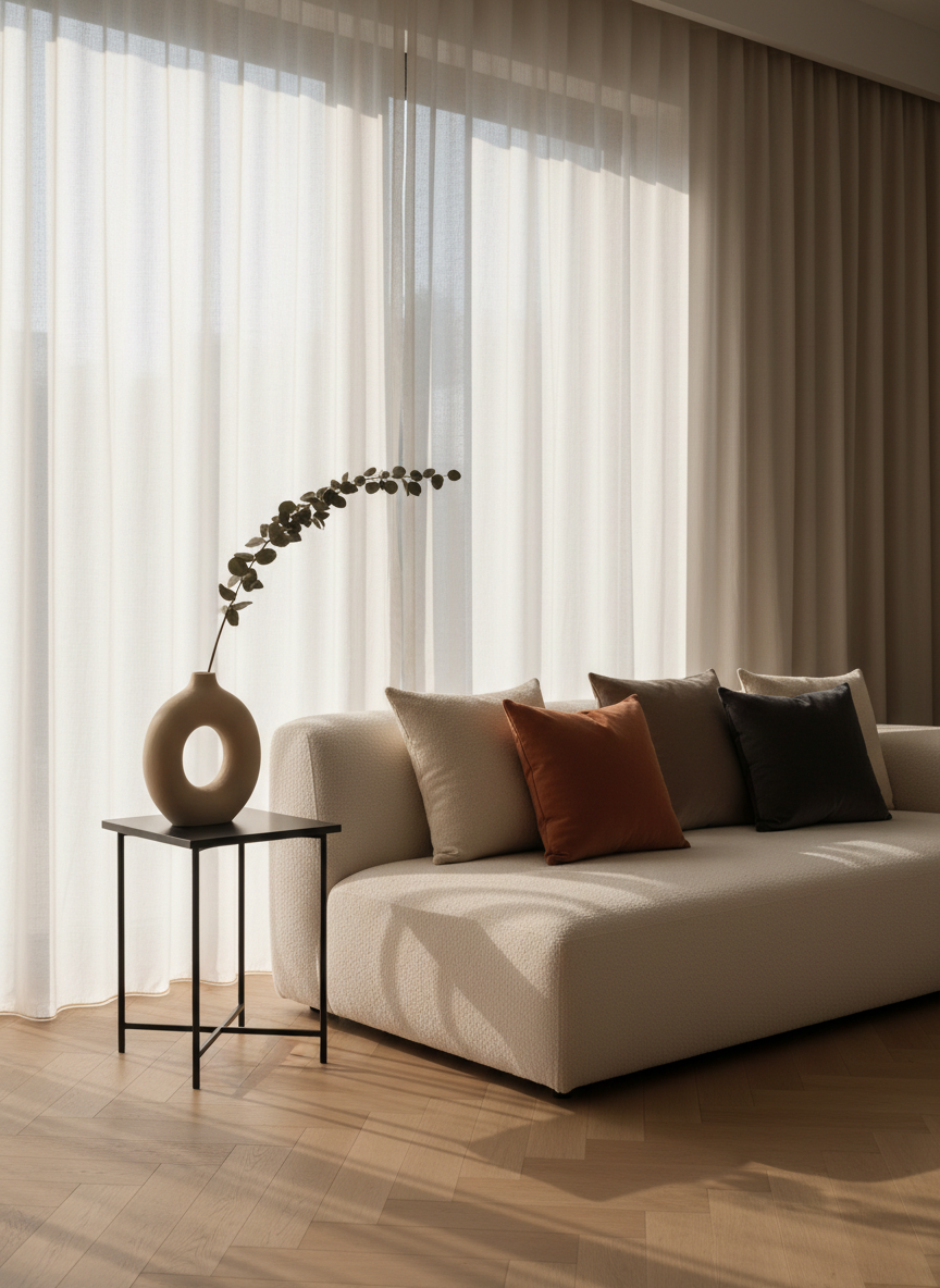 An elegant living room corner showcasing a low-profile ivory boucle sofa adorned with carefully arranged neutral-toned cushions in muted sand, clay, and charcoal. A slim, matte-black side table holds a sculptural ceramic vase with a single branch of dried foliage. Behind, floor-to-ceiling sheer curtains diffuse golden-hour light, casting delicate, elongated shadows across a pale oak herringbone floor. Shot at eye level with a slightly wide angle, the composition emphasizes space, calm, and balance. The atmosphere feels sophisticated yet inviting, with photographic realism and a minimalist, thoughtfully curated style that reflects a considered approach to living and styling interiors.