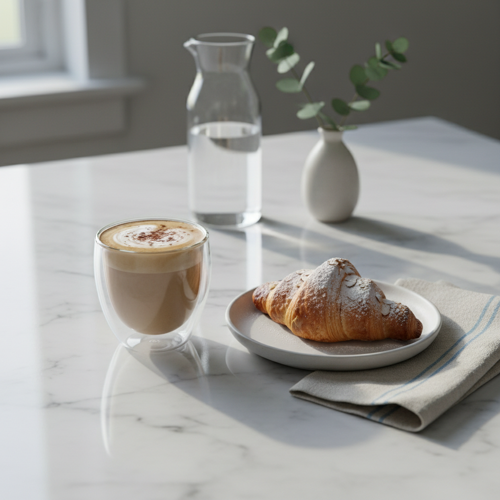 A serene morning ritual scene on a honed white marble kitchen island: a double-walled glass mug filled with perfectly frothed cappuccino, a small matte-white ceramic plate holding a single almond croissant dusted with powdered sugar, and a folded natural linen napkin with a subtle stripe. In the background, softly blurred, sit a clear glass carafe of water and a pale eucalyptus branch in a minimal vase. Gentle, cool daylight streams through an unseen window, creating a calm, luminous atmosphere and delicate reflections on the marble. The photographic composition is shot from a slightly overhead angle, with balanced negative space and a sophisticated, uncluttered aesthetic that speaks to mindful, stylish living.